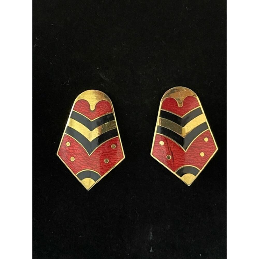 Vintage Runway Mona So Gold Tone Red Enamel Abstract Geometric Clip On Earrings